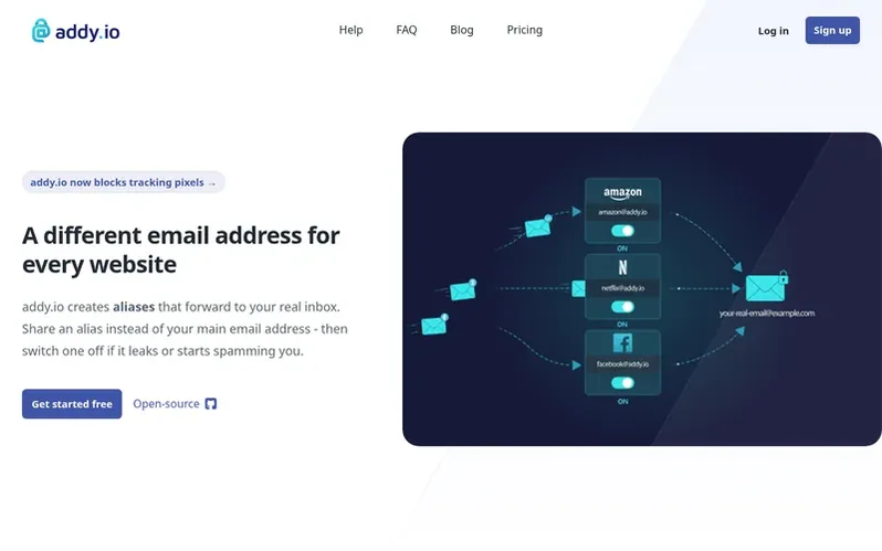 Screenshot of the addy.io homepage
