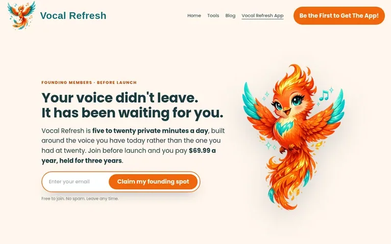 Screenshot of the Vocal Refresh homepage