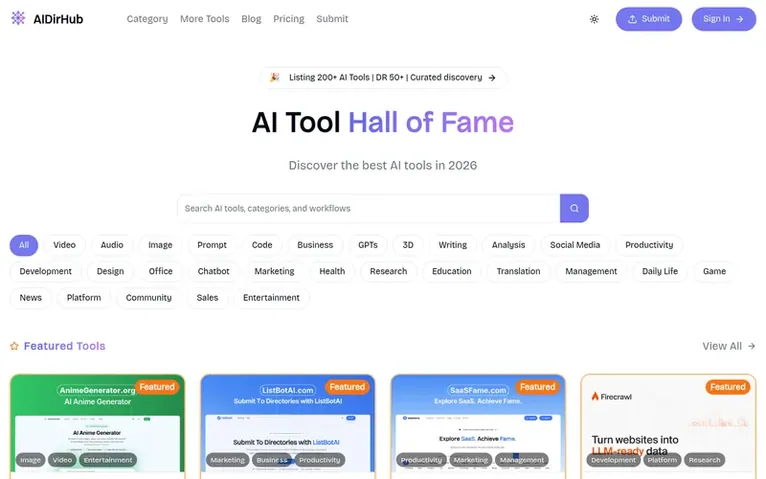 Screenshot of the AIDirHub homepage